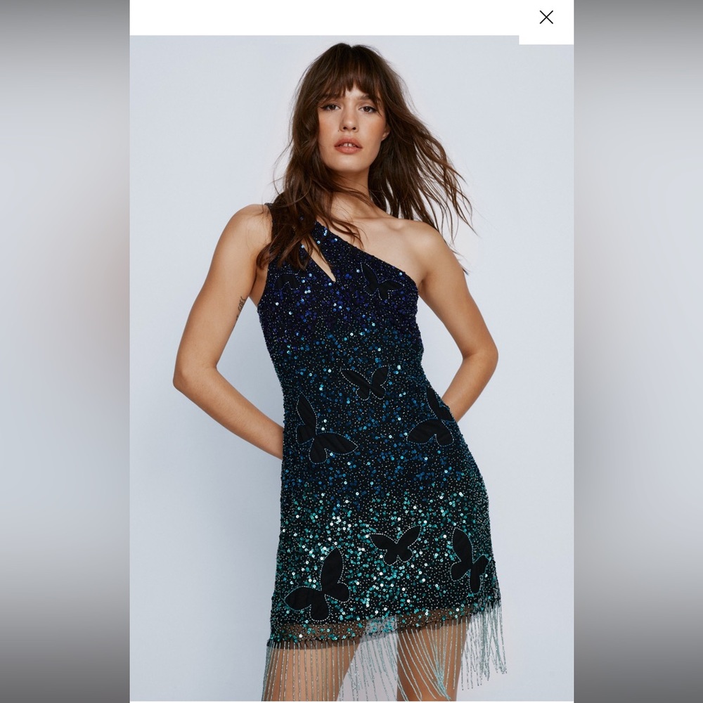 One shoulder mini Butterfly tassel beaded mini dress